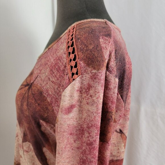 One World Leaf Print Dress Red M Medium Women's NEW long sleeve embroidered - Picture 4 of 11